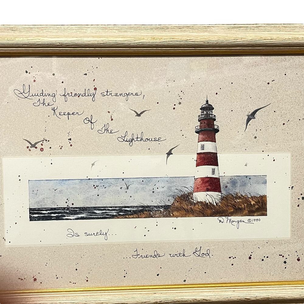 Lighthouse Art Framed Scene Signed By Artist D Morgan 17" x 11" Oak Frame Vtg - Picture 2 of 7